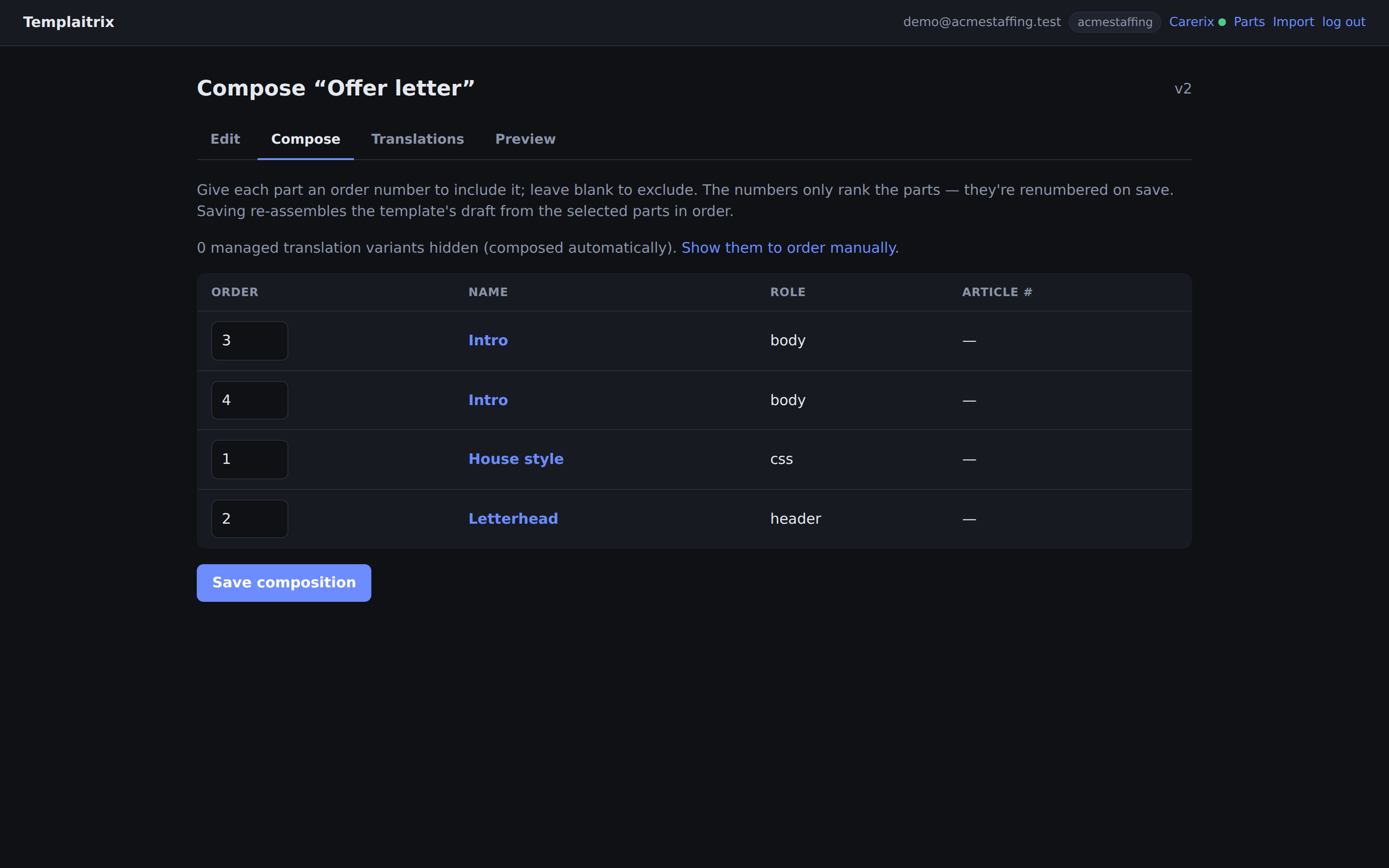 Composing a template from reusable parts